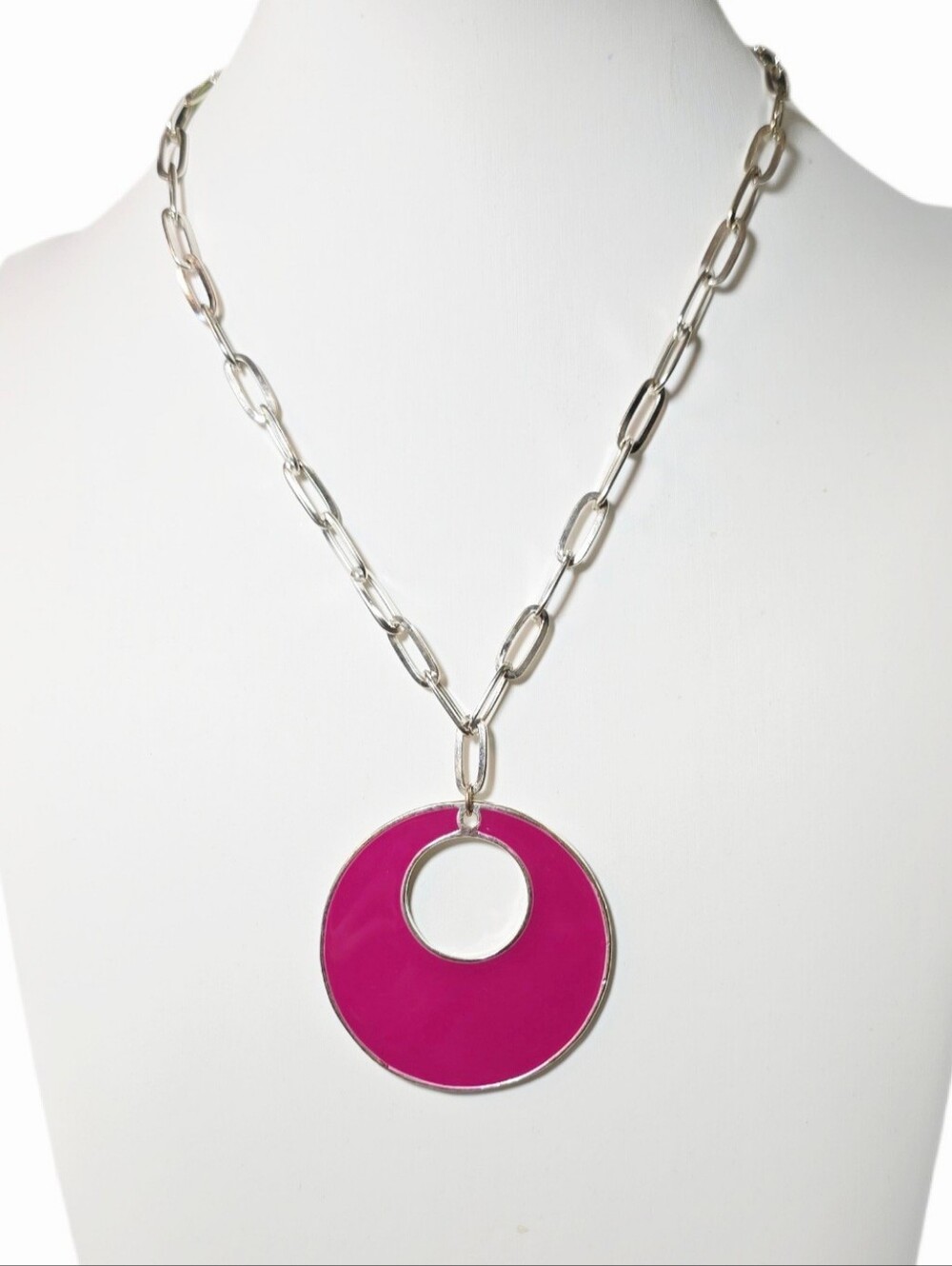 Hot Pink Enameled Circle Pendant Silver-Tone Chain Necklace